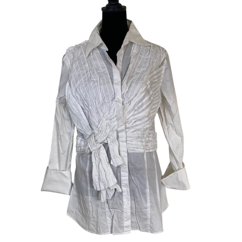NyGard Collection White Long Sleeve Button-Up Blouse Size 10 Ruffle Details Long